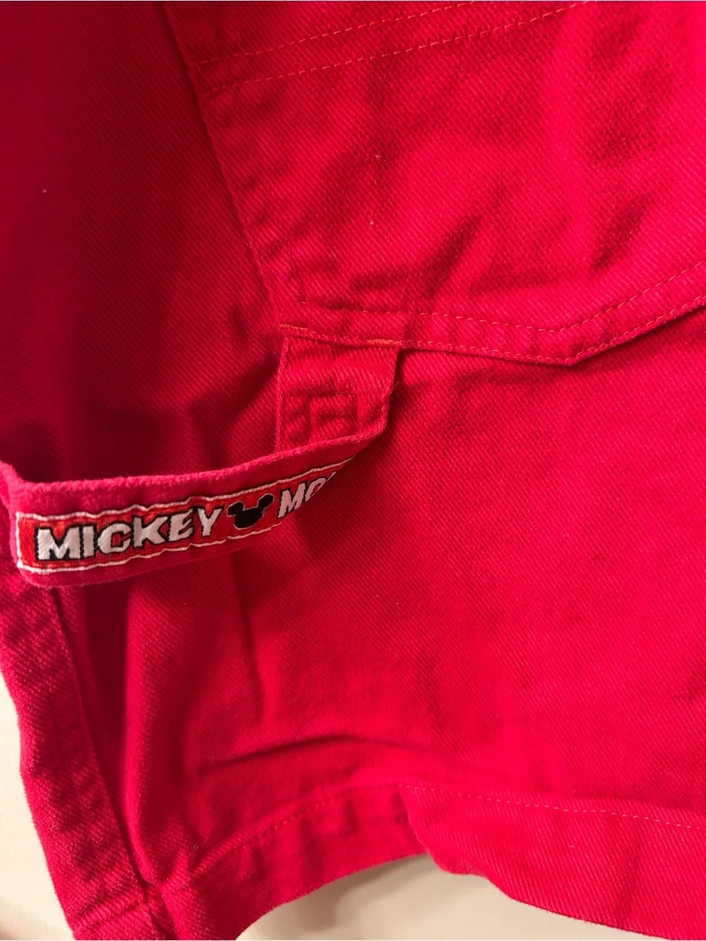 Vintage Disney Mickey Mouse Red Denim Embroidered Shortalls Overalls Wmn’s Sz L